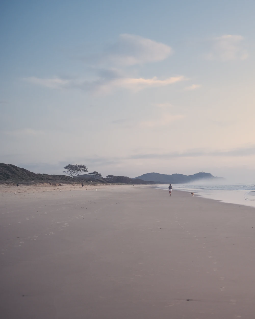 A long, empty beach at dawn with one person walking in the distance